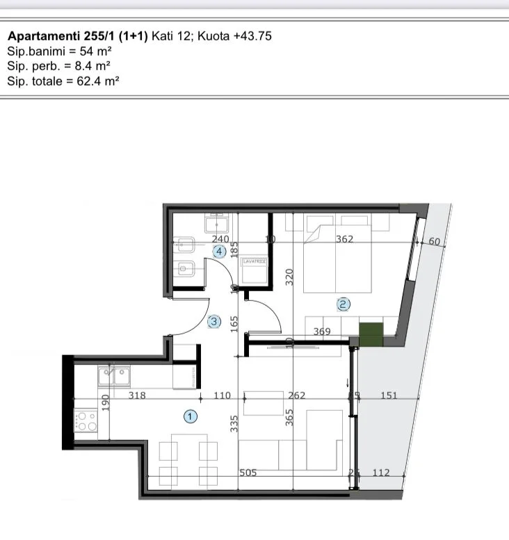 Tirane, shitet apartament 1+1 Kati 12, 62 m² 