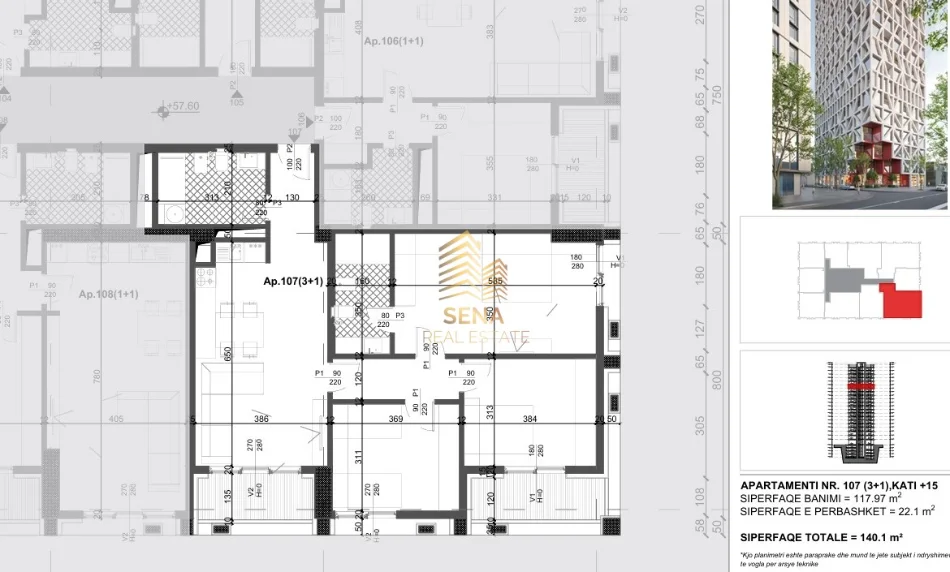 Tirane, shitet apartament 3+1+Ballkon Kati 15, 140 m² 323.300 € (Xhamllik)