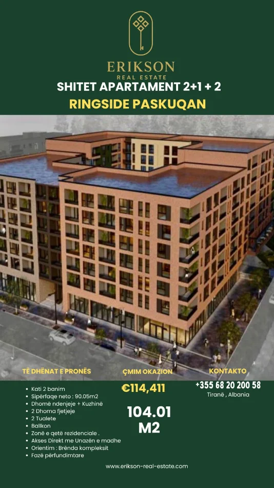 Tirane, shitet 2+1+Ballkon Kati 2, 105 m² 114.411 € (Rruga Lidhja e Prizrenit Paskuqan)
