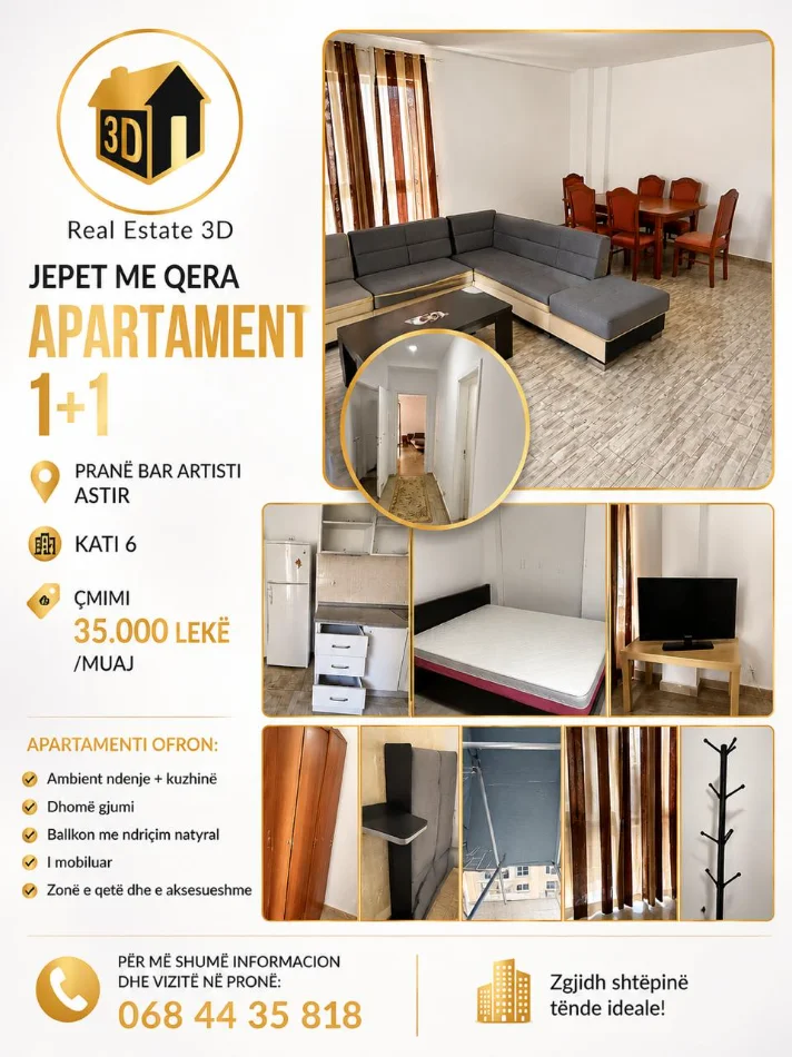 Tirane, jepet me qera apartament 1+1 Kati 6, 60 m² 350 € (Rruga Teodor Keko)