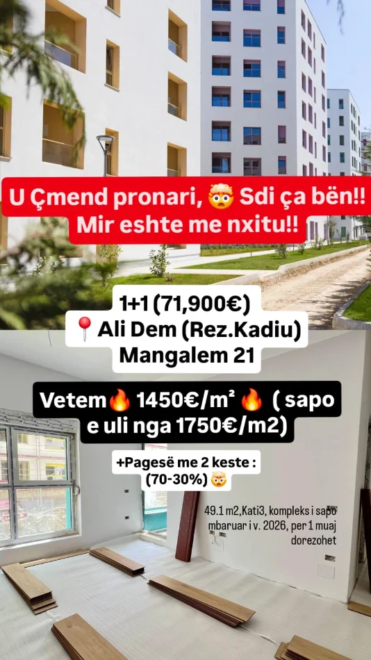 🚨U Çmend Pronari, s'di cfare bene 😵 1+1📍Ali Dem (Rez.Kadiu) - 🔥Vetem 1450€/m² nga 1750€/m²🔥 ME KESTE (71,900€)