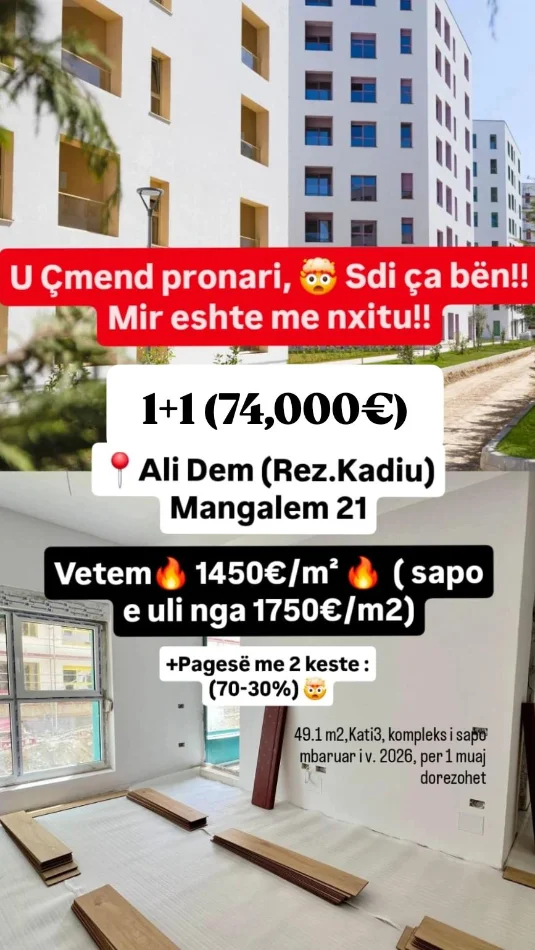 🚨U Çmend Pronari, s'di cfare bene 😵 1+1📍Ali Dem (Rez.Kadiu) - 🔥Vetem 1450€/m² nga 1750€/m²🔥 ME KESTE (74,000€ )