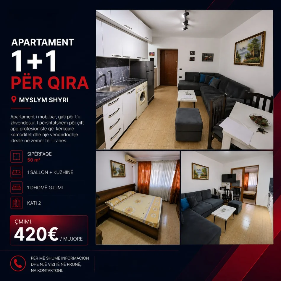 Jepet me qira apartament 1+1 Kati 2, Myslym Shyri Tiranë.