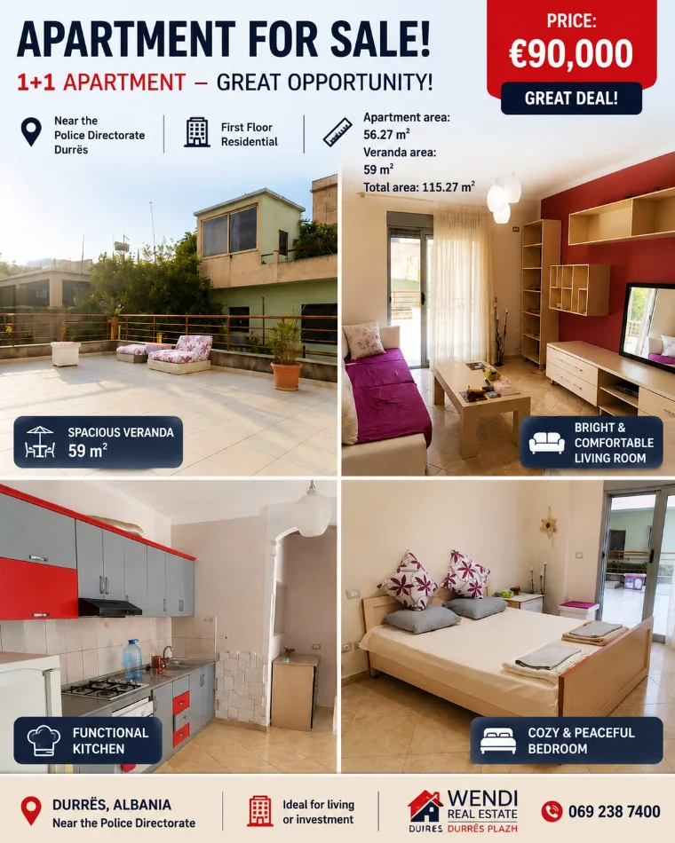 Durres, shitet apartament 1+1 Kati 1, 90.000 € 