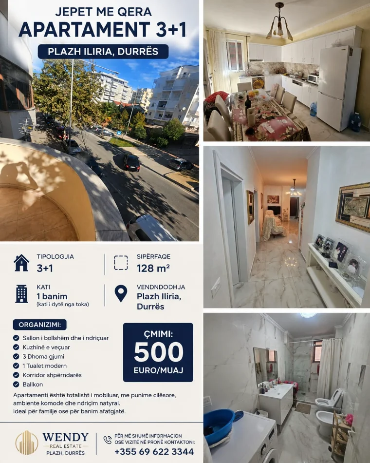 Durres, jepet me qera apartament 3+1+Ballkon Kati 1, 128 m² 500 € 
