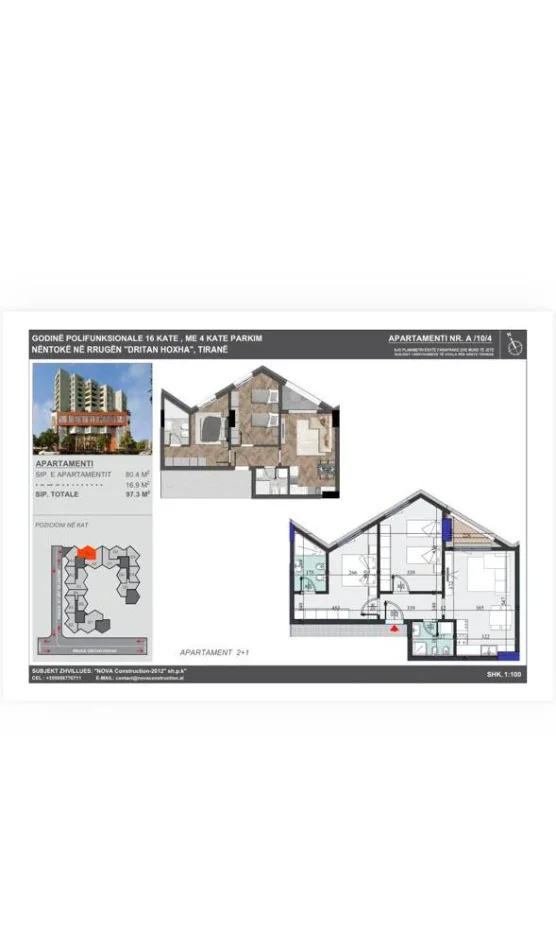 Tirane, shitet apartament 2+1 Kati 10, 97 m² 170.000 € (Laprake)
