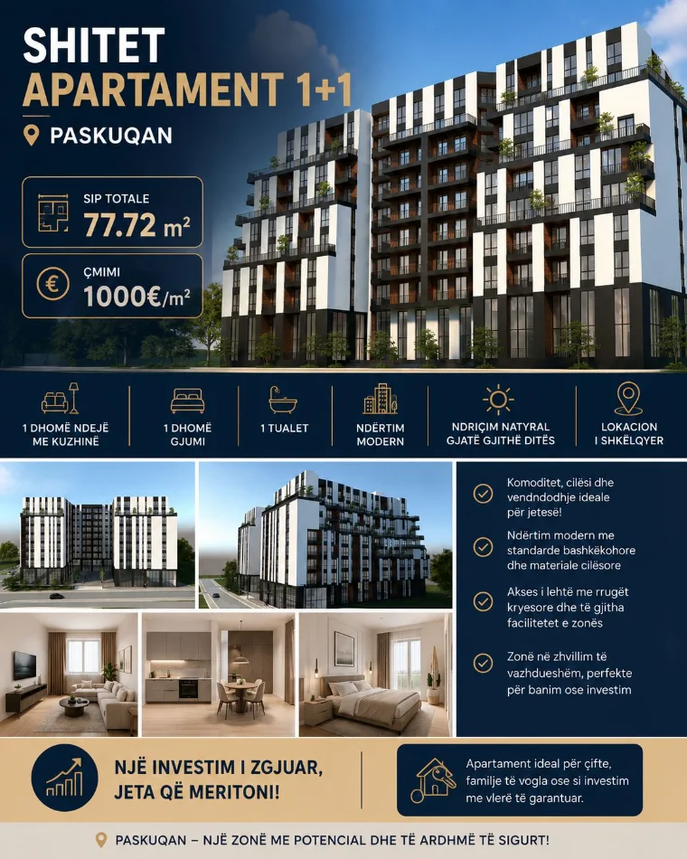 Tirane, shitet apartament 1+1 , 78 m² 78.000 € 