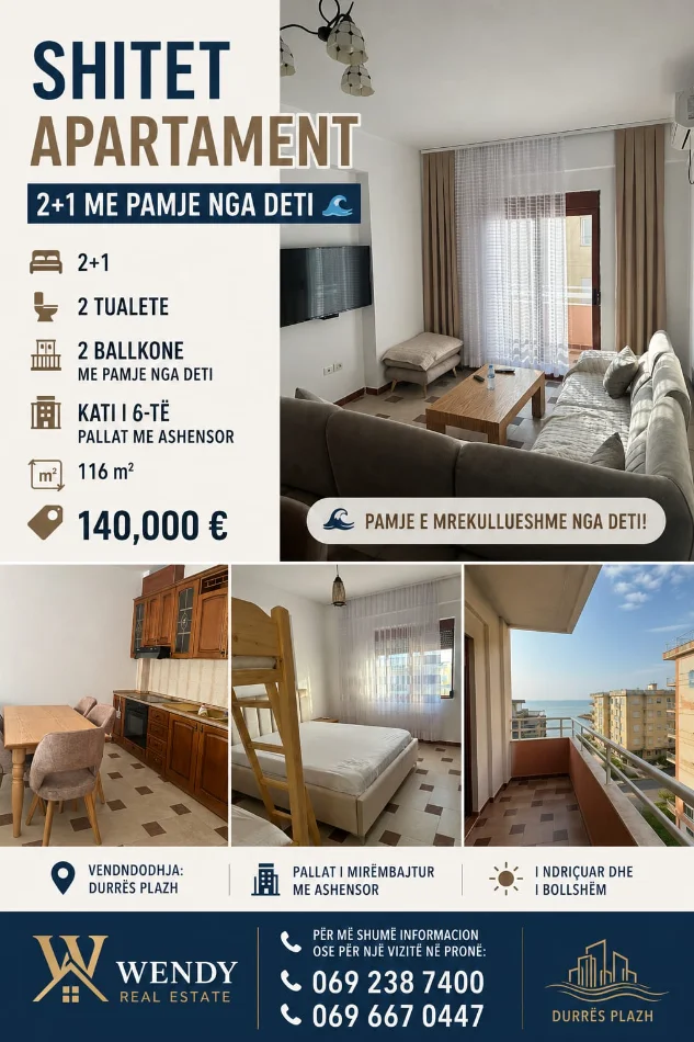 Durres, shitet apartament 2+1 Kati 6, 116 m² 140.000 € (Durres PLAZH)