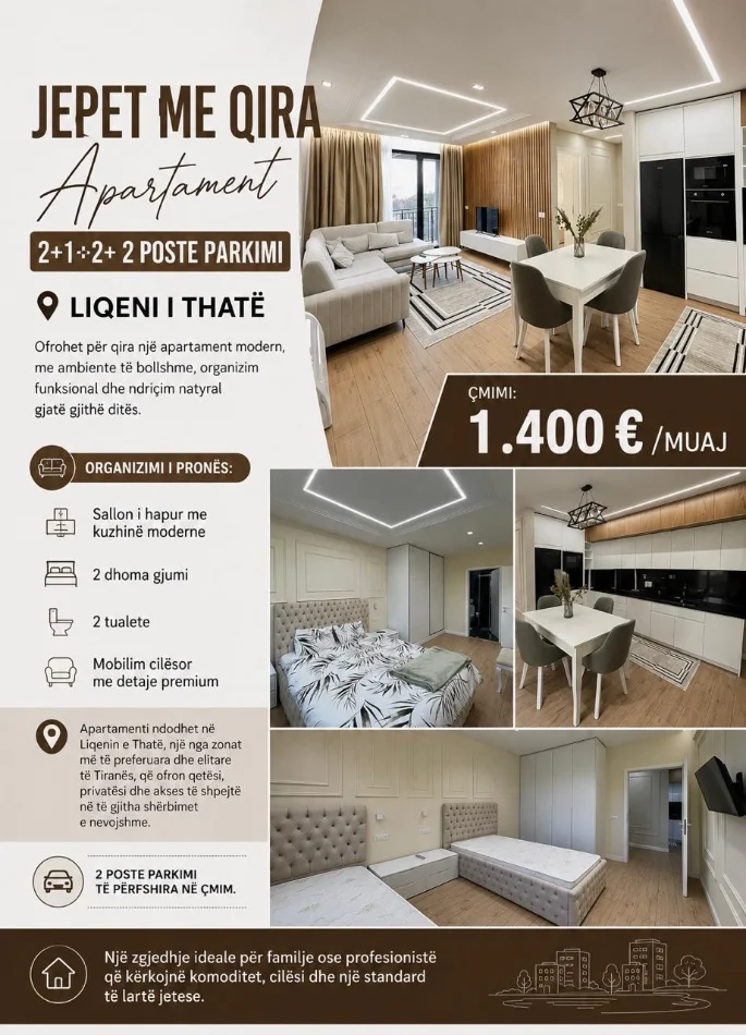 Tirane, jepet me qera apartament 2+1+Ballkon Kati 2, 99 m² 1.400 € (LIQENI I THATE)