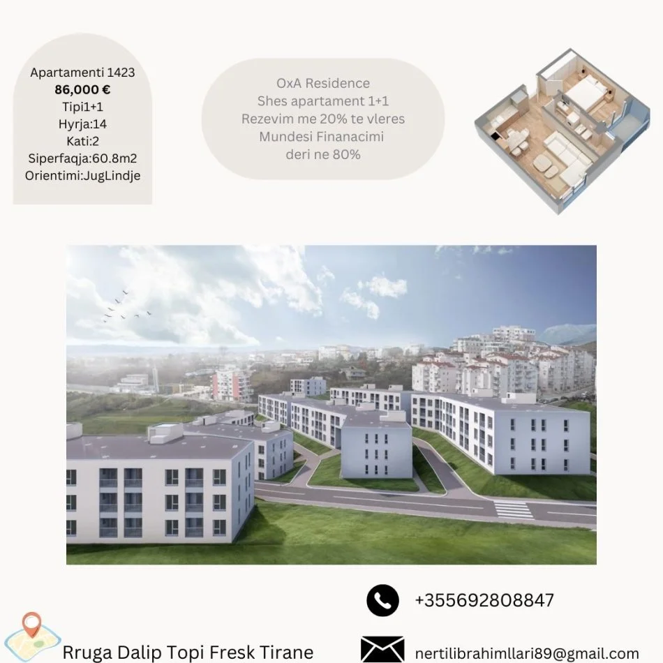 Tirane, shes apartament 1+1+Ballkon Kati 2, 61 m² 86.000 € (Rruga Dalip Topi Fresk Tirane)