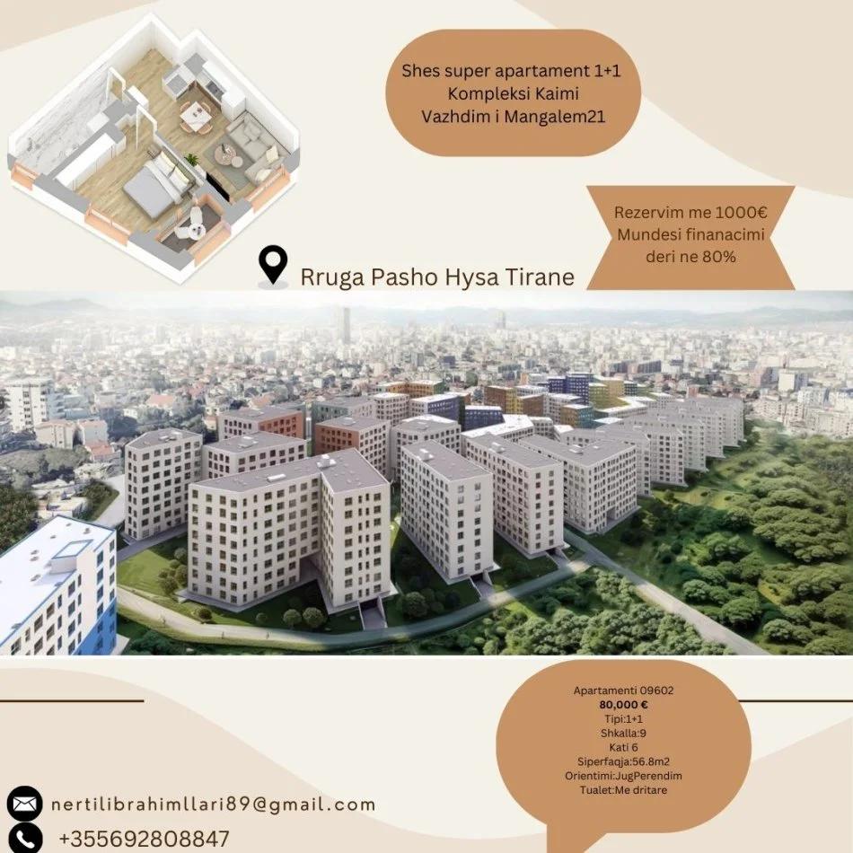 Tirane, shes apartament 1+1+Ballkon Kati 6, 57 m² 80.000 € (Rruga Pasho Hysa Tirane)