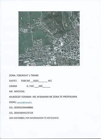 Tirane, yzberisht1. shes toke sip.1650m2. euro 100m2