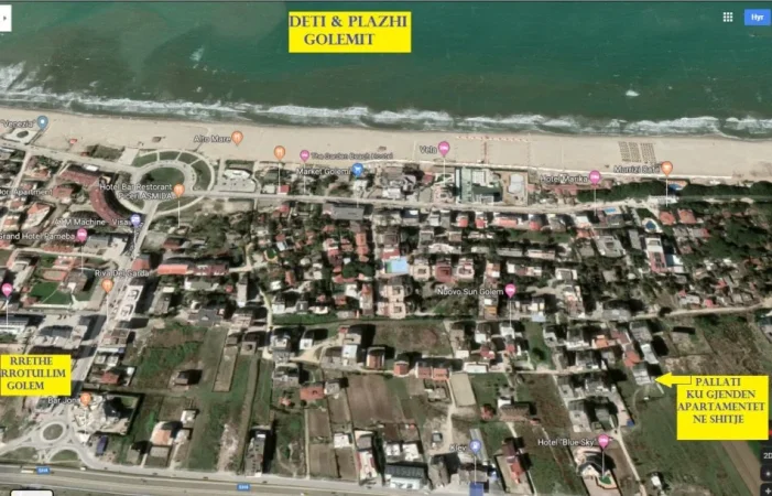 Golem-Plazh, Shitet Apartament, 2+1,me 2-banjo, ballkon, siperfaqe 74m² neto, kat.2, pallat 5-kate, Cmimi 140'000€, largësia nga deti 350m / 5-min nga kompleksi V.Murrizi. Golem Kavaje