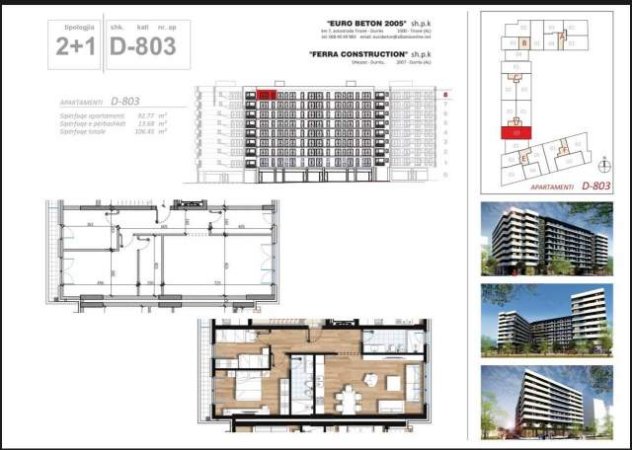 Tirane, shitet apartament 2+1 Kati 8, 108 m² 155.000 Euro (Don Bosko)