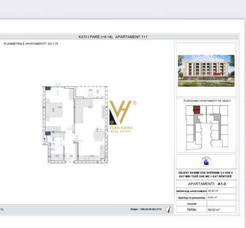 Tirane, shitet apartament 1+1+Ballkon Kati 1, 69 m² 60.000 € (KAMEZ)