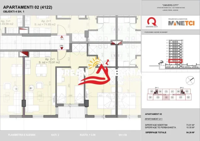 Tirane, shitet apartament 2+1 , 84 m² 108.000 € 