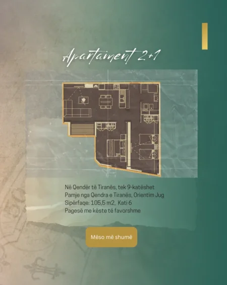 Tirane, shitet apartament 2+1 Kati 6, 105 m² (Luigj Gurakuqi)