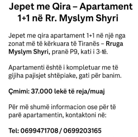 Tirane, jap me qera apartament 1+1 Kati 3, 370 € (Myslym shyri)