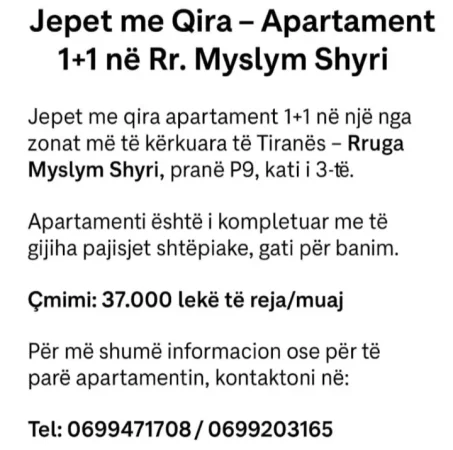 Tirane, jap me qera apartament 1+1 Kati 3, 370 € (Myslym shyri)