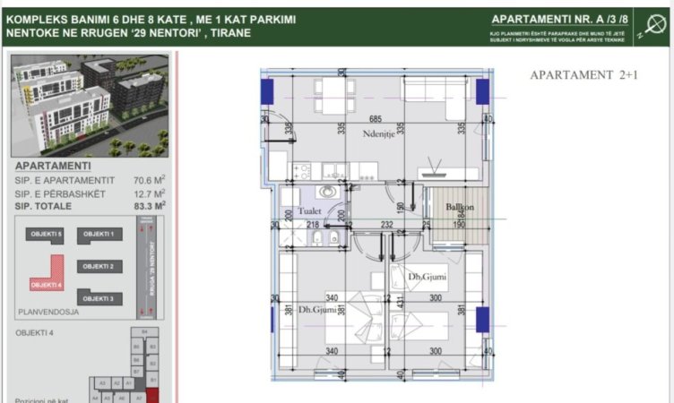 Tirane, shitet apartament 2+1+Ballkon Kati 3, 83 m² 99.960 € (29 Nentori)