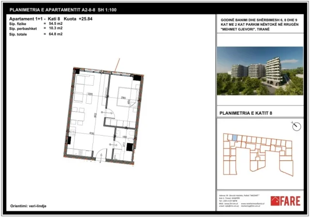 Tirane, shitet 1+1 Kati 8, 65 m² 72.000 € 