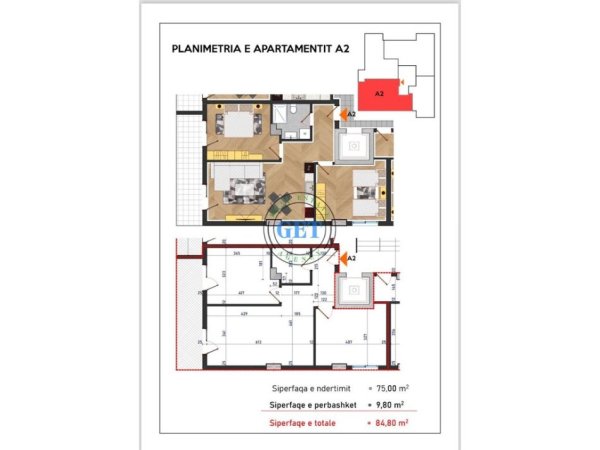 Durres, shitet apartament 2+1 Kati 10, 76 m² 135.000 € 