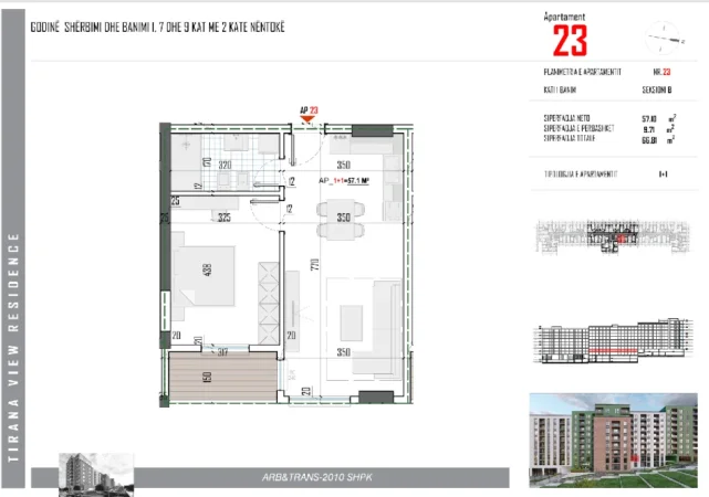 Tirane, shes apartament 1+1 Kati 4, 66 m² 69.300 € (Paskuqan)