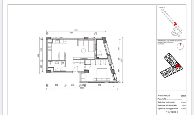 Tirane, shes apartament 1+1+Ballkon Kati 8, 72 m² 107.000 € (ali demi)