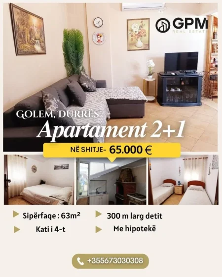 Golem, shitet apartament 2+1 Kati 4, 63 m² 65.000 € (Golem).