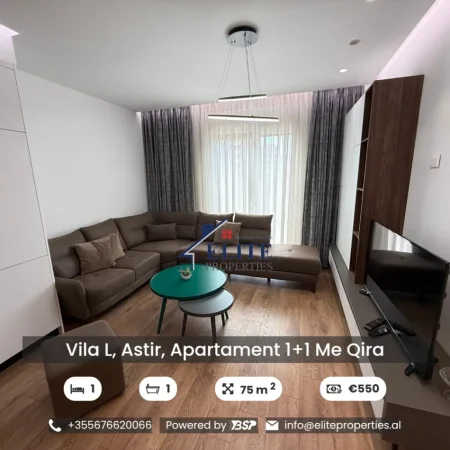 Tirane, jepet me qera apartament 1+1+Ballkon Kati 5, 75 m² 550 € (Astir)