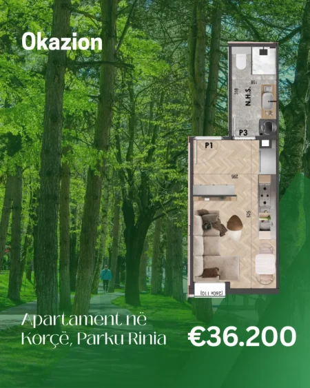 Korce, shitet garsonier 1+1 Kati 2, 30 m² 36.200 € (Korçë, Parku Rinia)
