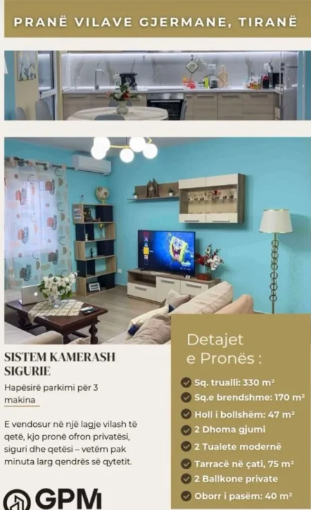 Tirane, jepet me qera Vile 2+1+Aneks+Ballkon , 330 m² 1.100 € (Vilat Gjermane).