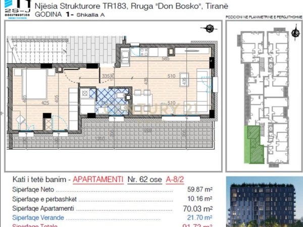 Tirane, shes apartament 1+1+Aneks+Ballkon Kati 8, 92 m² 153.000 € (Don bosko)