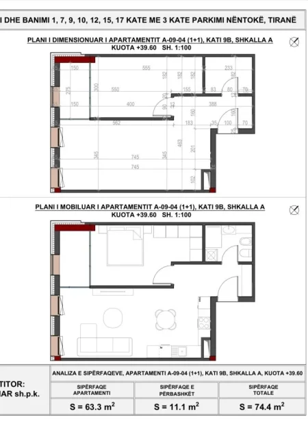 Tirane, shitet apartament 1+1 Kati 9, 74 m² 103.600 € 