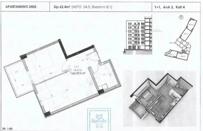 Tirane, jepet me qera apartament 1+1+Aneks+Ballkon Kati 4, 624 m² 540 € (Rruga Budi, AnA Residence)