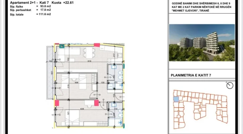 Tirane, shes apartament 2+1+Ballkon Kati 7, 112 m² 111.600 € (Paskuqan Kompleksi Aluna)