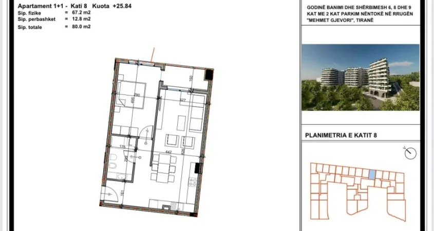 Tirane, shes apartament 1+1+Ballkon Kati 8, 80 m² 80.000 € (Paskuqan Kompleksi Aluna 1000 euro/m2)