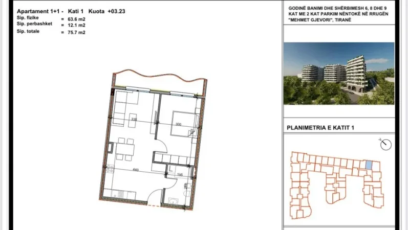 Tirane, shes apartament 1+1+Ballkon Kati 1, 76 m² 75.700 € (Paskuqan Kompleksi ALUNA 1000 EURO/M2)