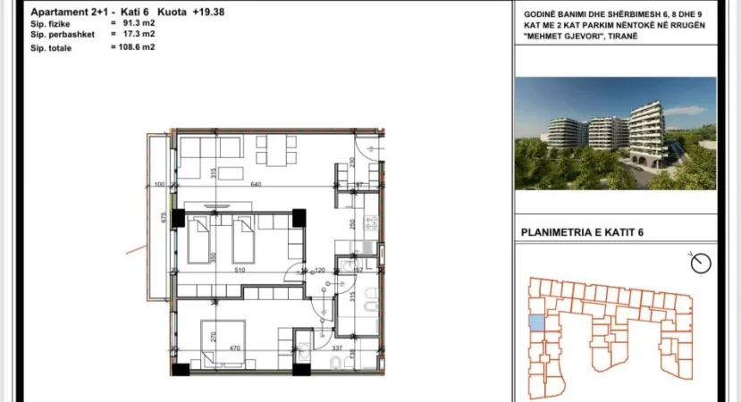 Tirane, shes apartament 2+1+Ballkon Kati 6, 109 m² 108.600 € (Kompleksi Aluna Paskuqan)