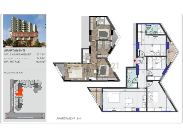 Tirane, shes apartament 3+1+Ballkon Kati 6, 143 m² 235.000 € 