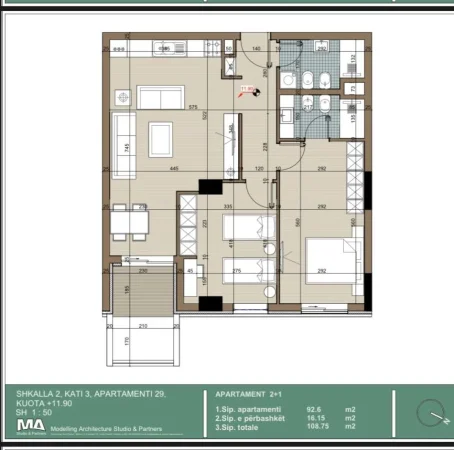 Tirane, shitet apartament 2+1 Kati 3, 93 m² 69.750 € (bulevardi Nene Tereza)