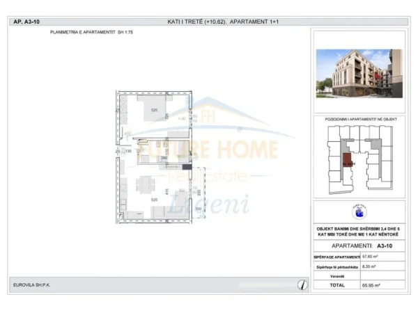 Tirane, shitet apartament 1+1+Ballkon Kati 3, 66 m² 56.057 € (Kamez)