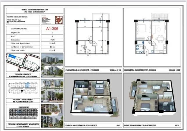 Qerret, shitet apartament 1+1+Ballkon Kati 3, (qerret)