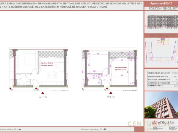 Tirane, shes apartament 1+1 Kati 3, 53 m² 85.000 € 