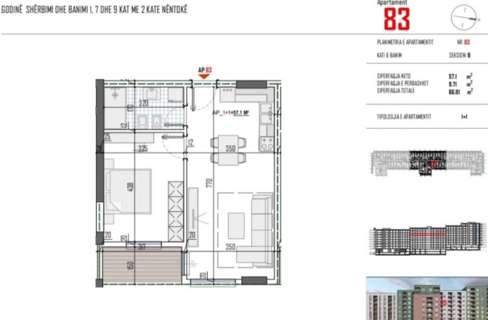 Tirane, shitet apartament 1+1 Kati 6, 66 m² 76.831 € 
