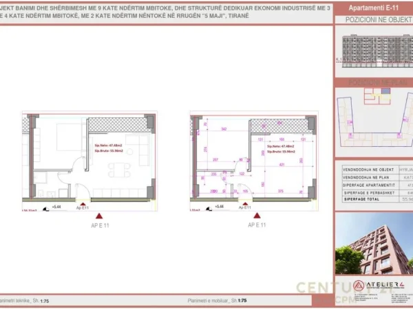 Tirane, shes apartament 1+1 Kati 3, 56 m² 89.500 € 