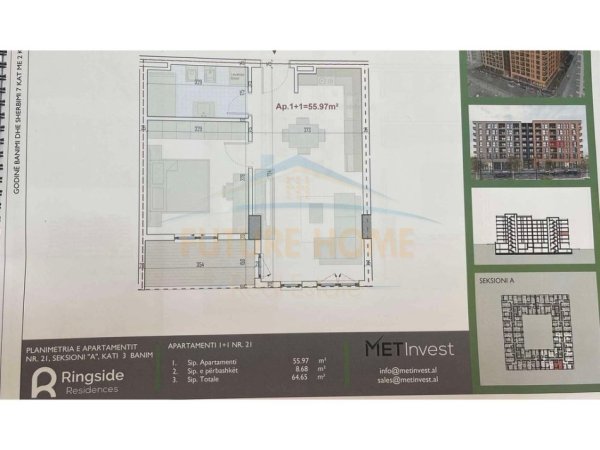 Tirane, shitet apartament 1+1 Kati 3, 65 m² 77.500 € 