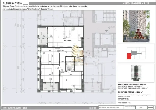 Tirane, shitet apartament 3+1+Ballkon Kati 6, 125 m² 236.000 € (Rruga Xhanfize Keko)
