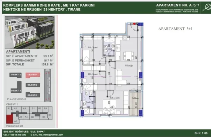 Tirane, shes apartament 3+1 Kati 7, 