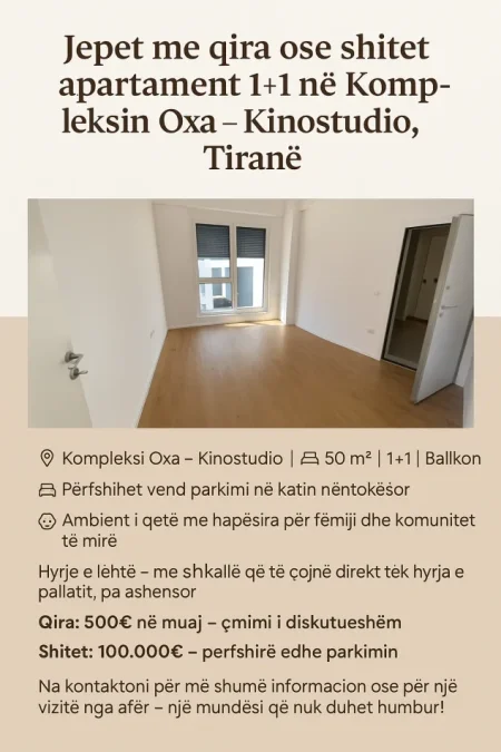 Tirane, jepet me qera apartament 1+1+Ballkon Kati 0, 50 m² 500 € (Rruga Dalip Topi Tirane 1025)